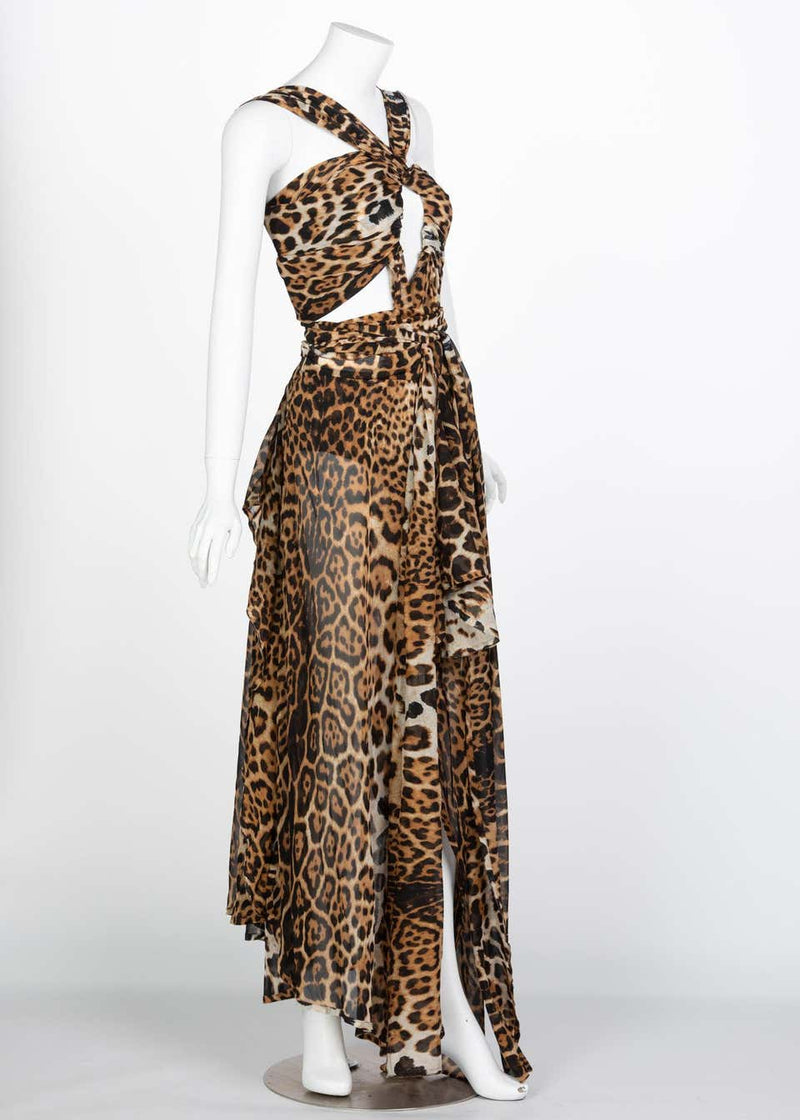 Yves Saint Laurent by Tom Ford Silk Leopard Cut Out Maxi Dress YSL, 2002