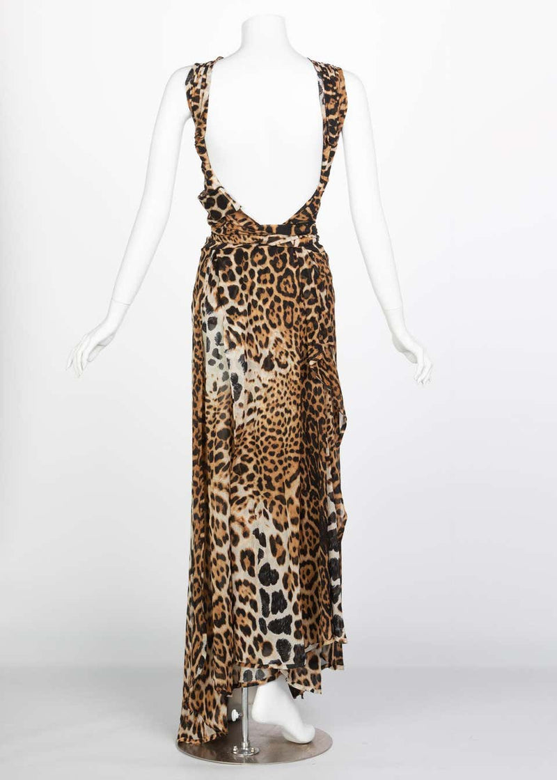 Yves Saint Laurent by Tom Ford Silk Leopard Cut Out Maxi Dress YSL, 2002