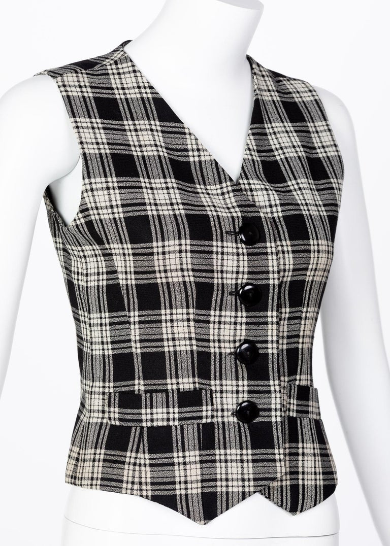 1990s Yves Saint Laurent Black White Plaid Vest YSL