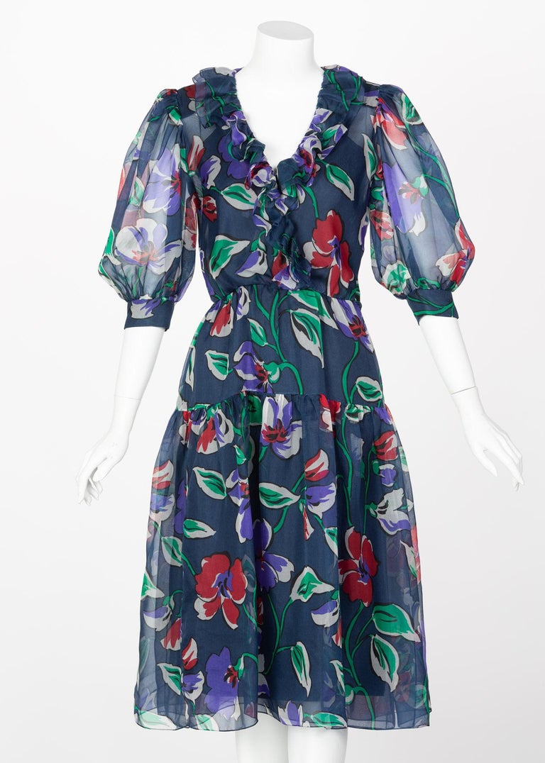 Givenchy Blue Silk Organza Floral Print Dress, 1970s