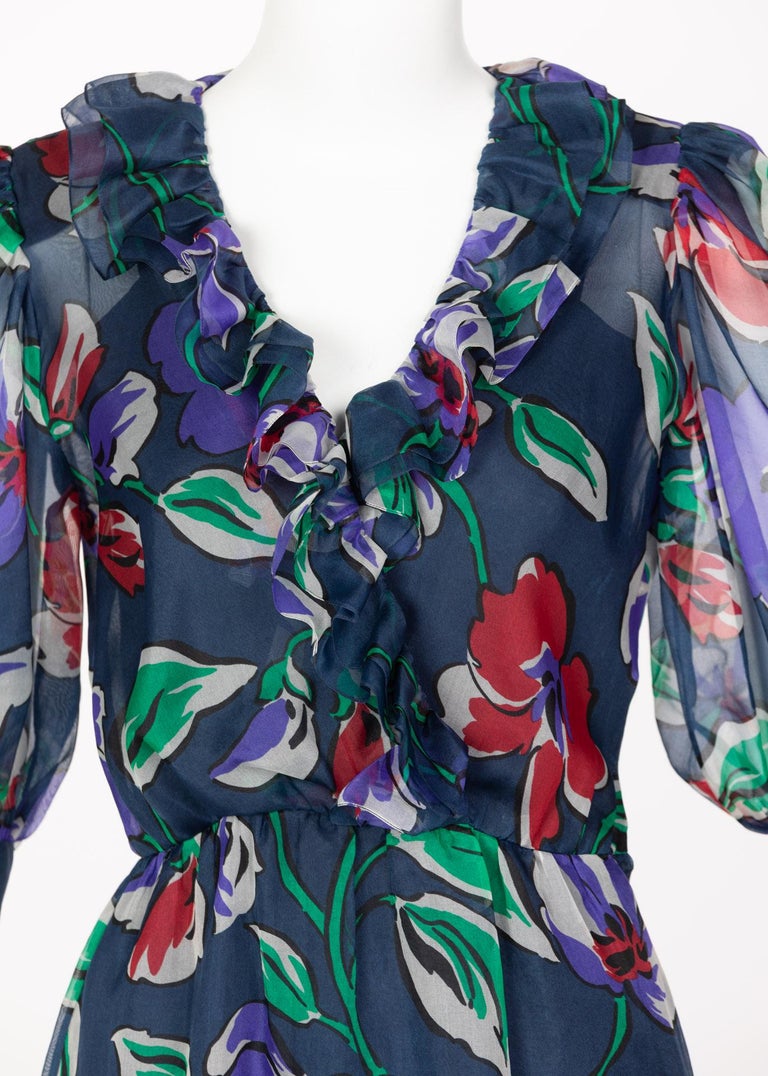 Givenchy Blue Silk Organza Floral Print Dress, 1970s