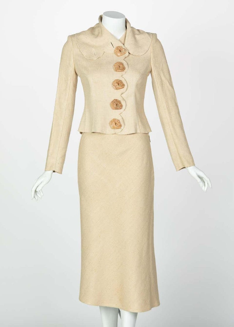 Chloé by Stella McCartney Beige Silk Wood Horse Button Skirt Suit, Runway 2001