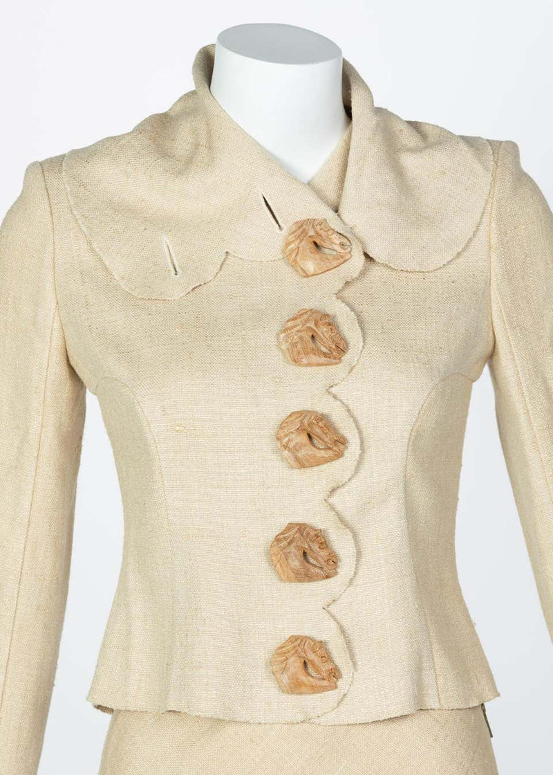 Chloé by Stella McCartney Beige Silk Wood Horse Button Skirt Suit, Runway 2001