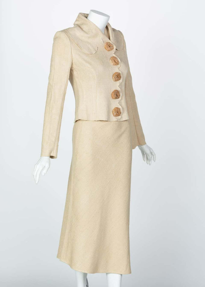 Chloé by Stella McCartney Beige Silk Wood Horse Button Skirt Suit, Runway 2001