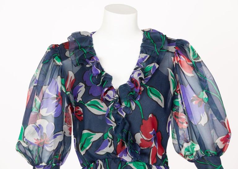 Givenchy Blue Silk Organza Floral Print Dress, 1970s