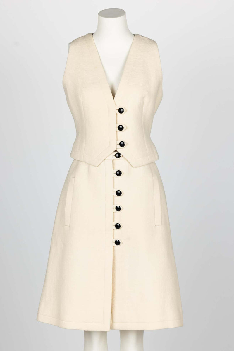 1960s Pauline Trigere Ivory & Black Tailored Vest Skirt Suit