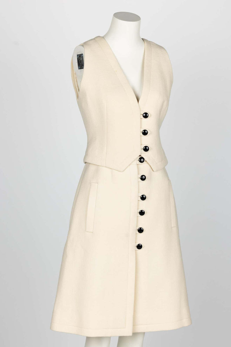 1960s Pauline Trigere Ivory & Black Tailored Vest Skirt Suit