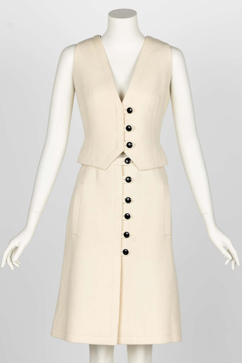 1960s Pauline Trigere Ivory & Black Tailored Vest Skirt Suit