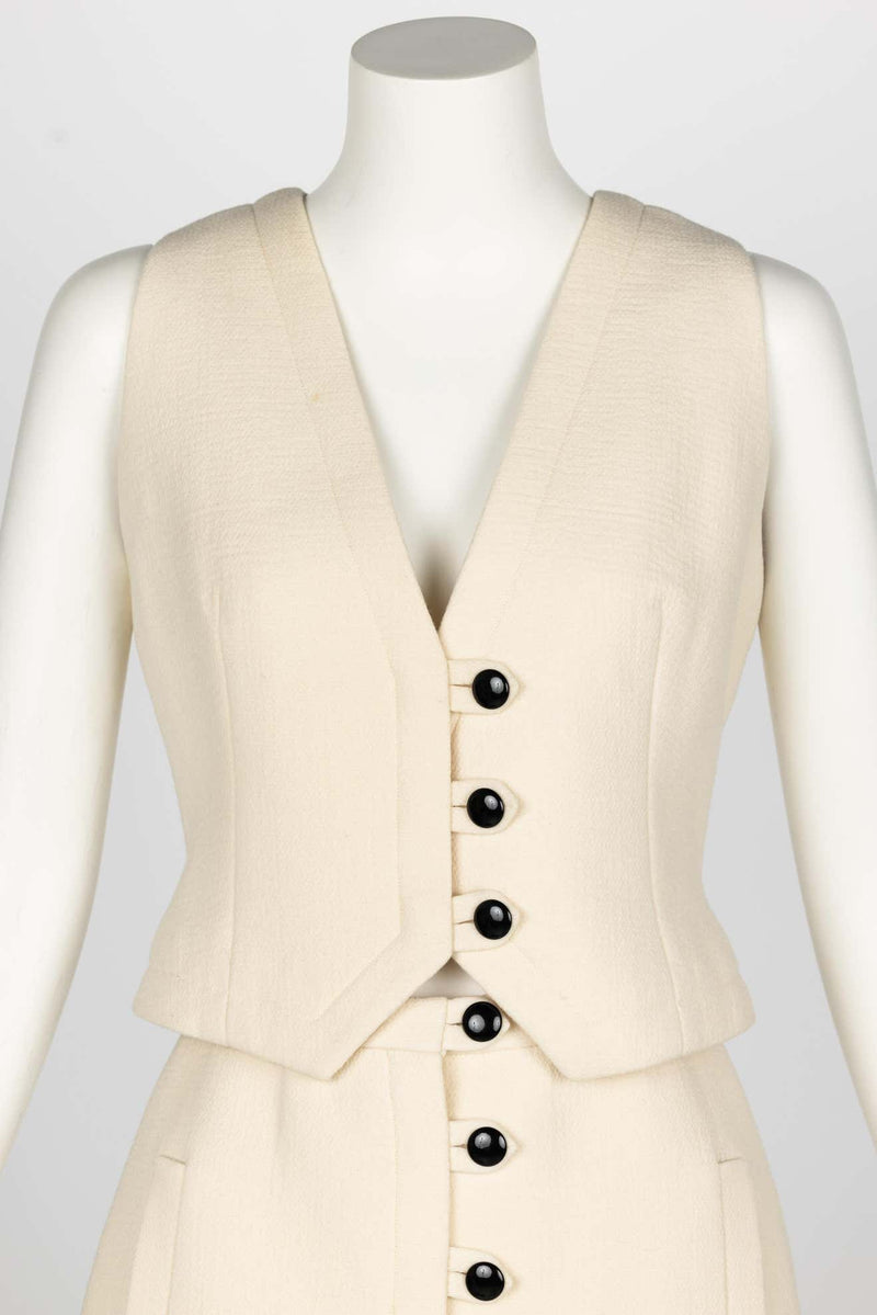 1960s Pauline Trigere Ivory & Black Tailored Vest Skirt Suit
