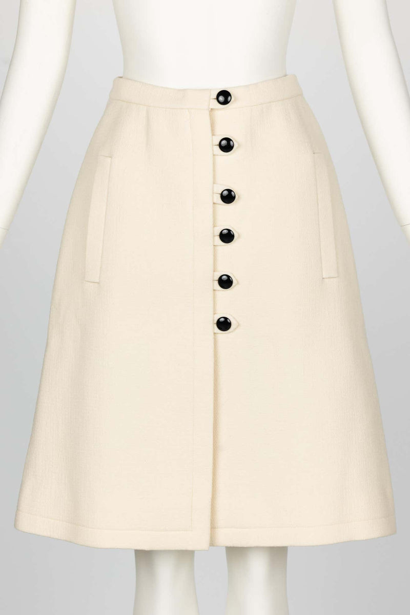 1960s Pauline Trigere Ivory & Black Tailored Vest Skirt Suit