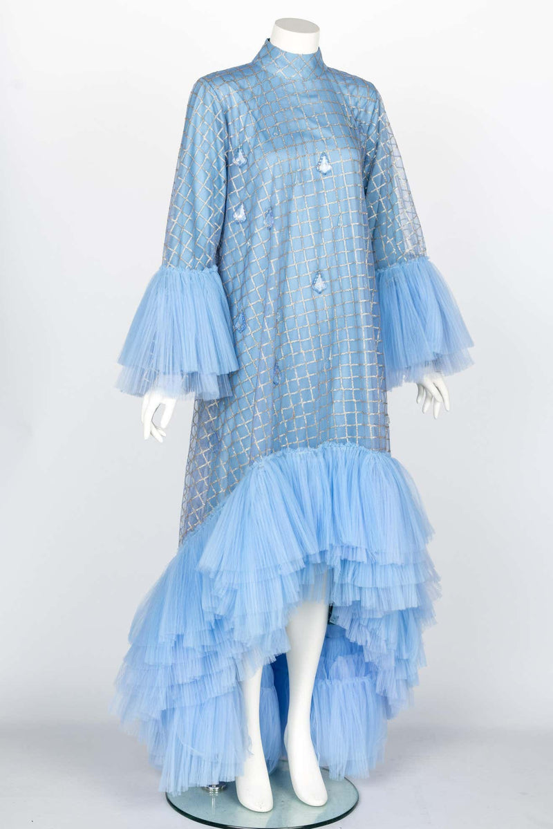 Sky Blue Crystal Tear Drop Couture Gown