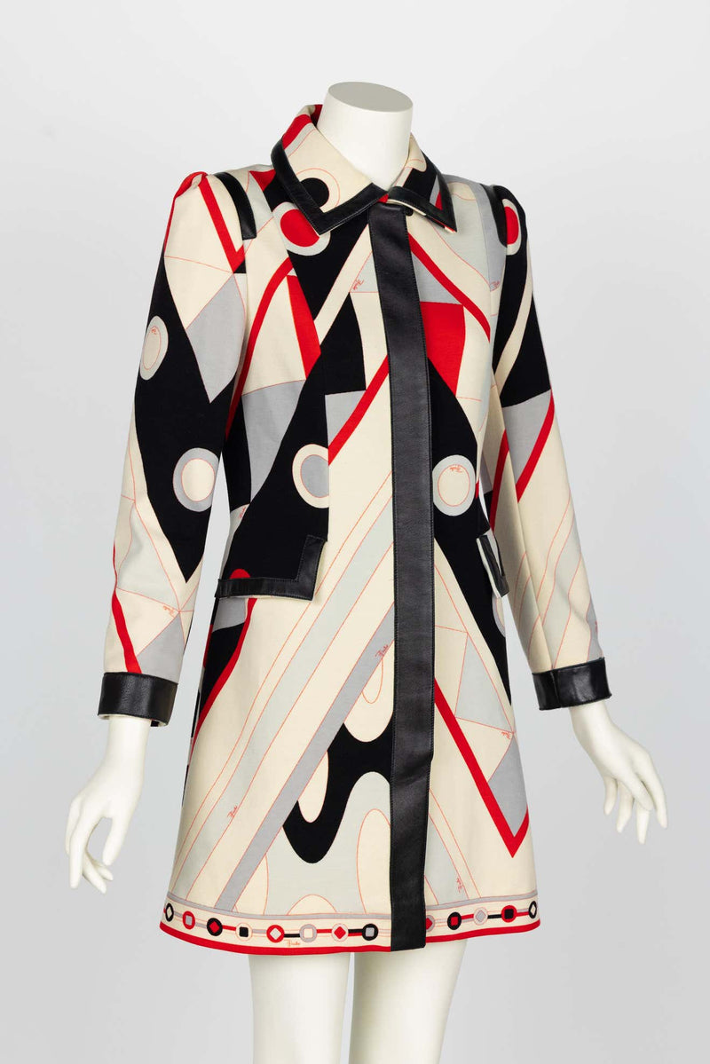 Vintage Pucci Wool Geometric Print Leather Belted Coat Dress