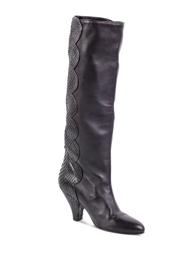Vintage Maud Frizon Black Leather Snakeskin Heel Boots Size 5