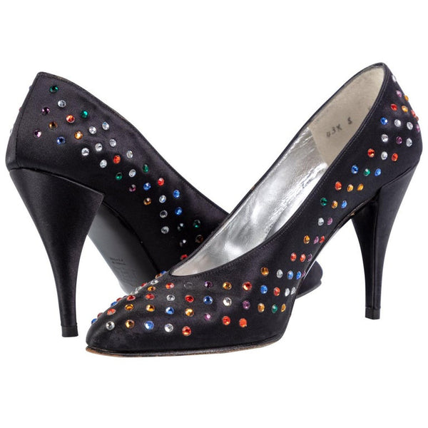 Vintage Charles Jourdan Black Silk Multicolored Jewel Pumps
