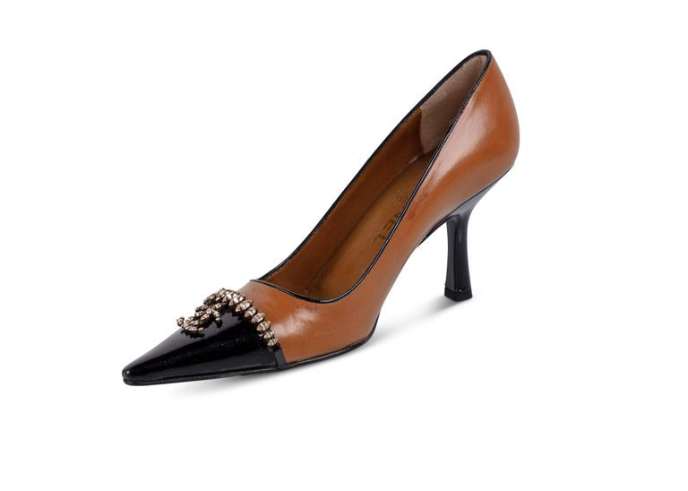 Chanel Dark Beige Black Leather Classic Point Toe Jewel Pump, 2002