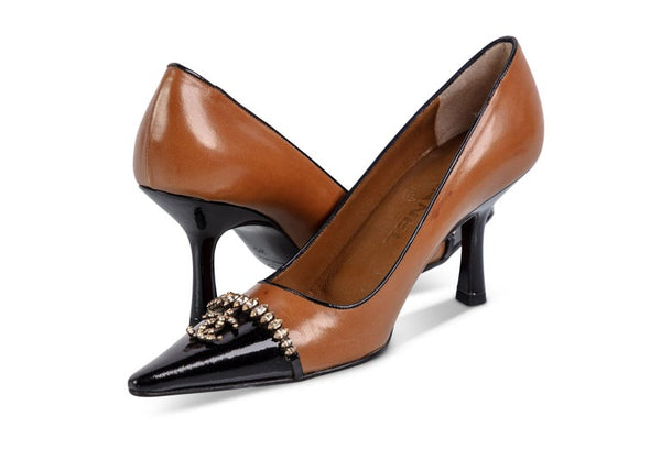 Chanel Dark Beige Black Leather Classic Point Toe Jewel Pump, 2002
