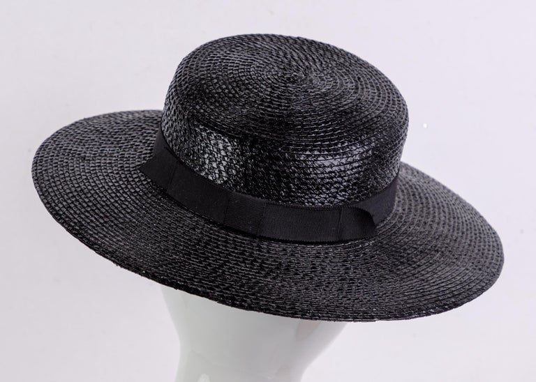 Yves Saint Laurent YSL Vintage Glossy Black Straw Hat, 1980s