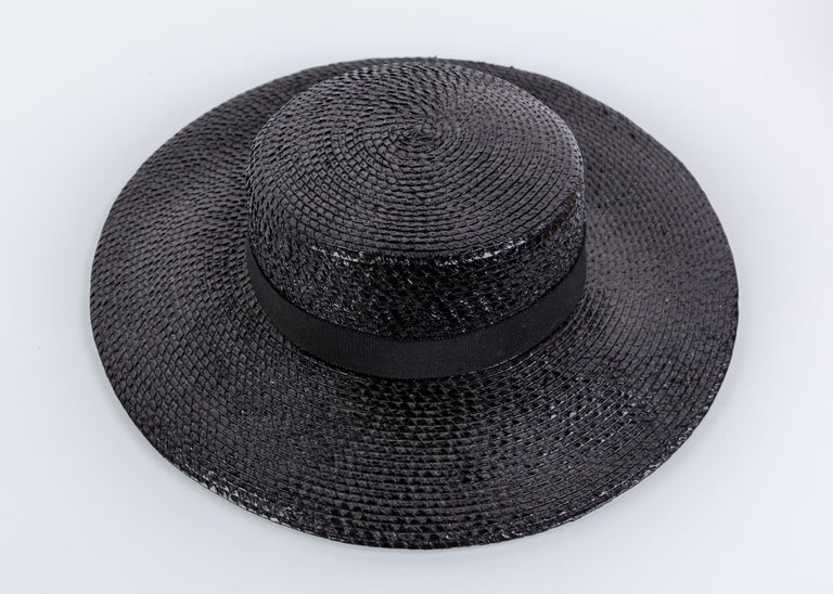 Yves Saint Laurent YSL Vintage Glossy Black Straw Hat, 1980s