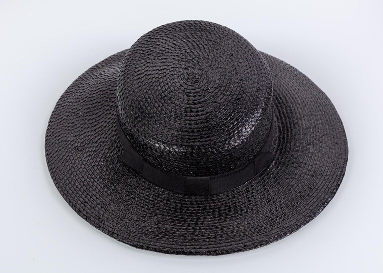 Yves Saint Laurent YSL Vintage Glossy Black Straw Hat, 1980s