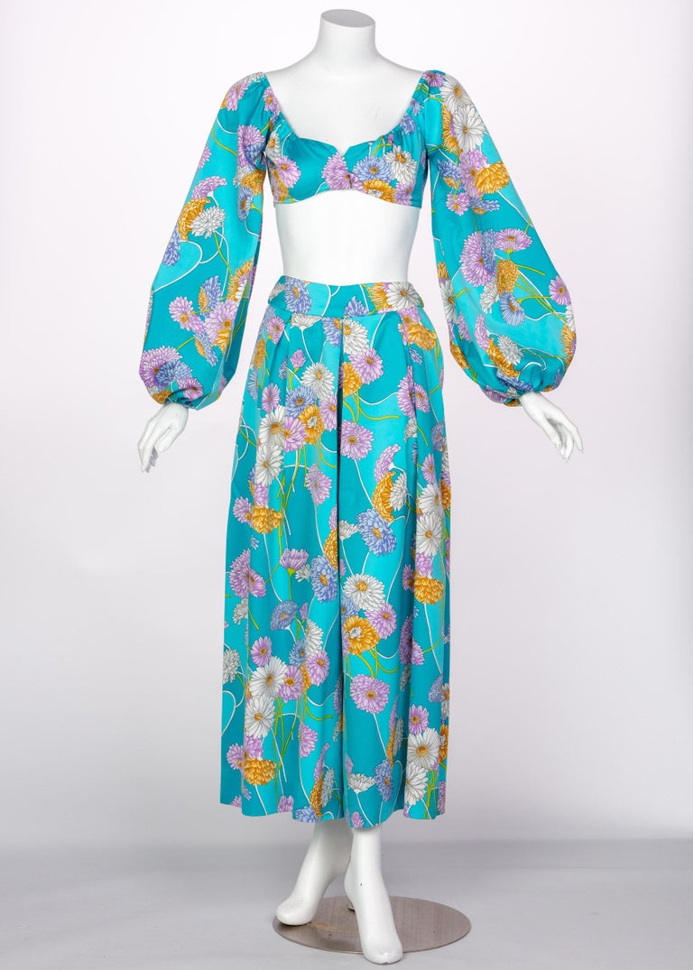 1970s Turquoise Floral Cropped Blouse Palazzo Pant Ensemble