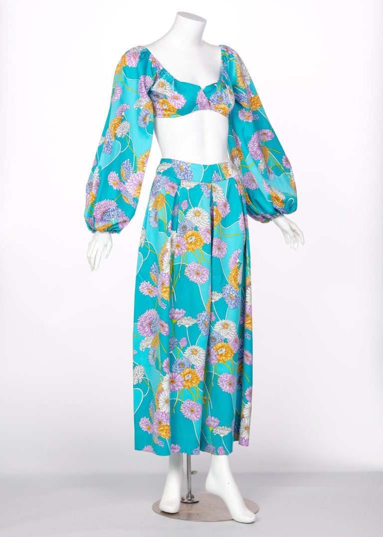 1970s Turquoise Floral Cropped Blouse Palazzo Pant Ensemble