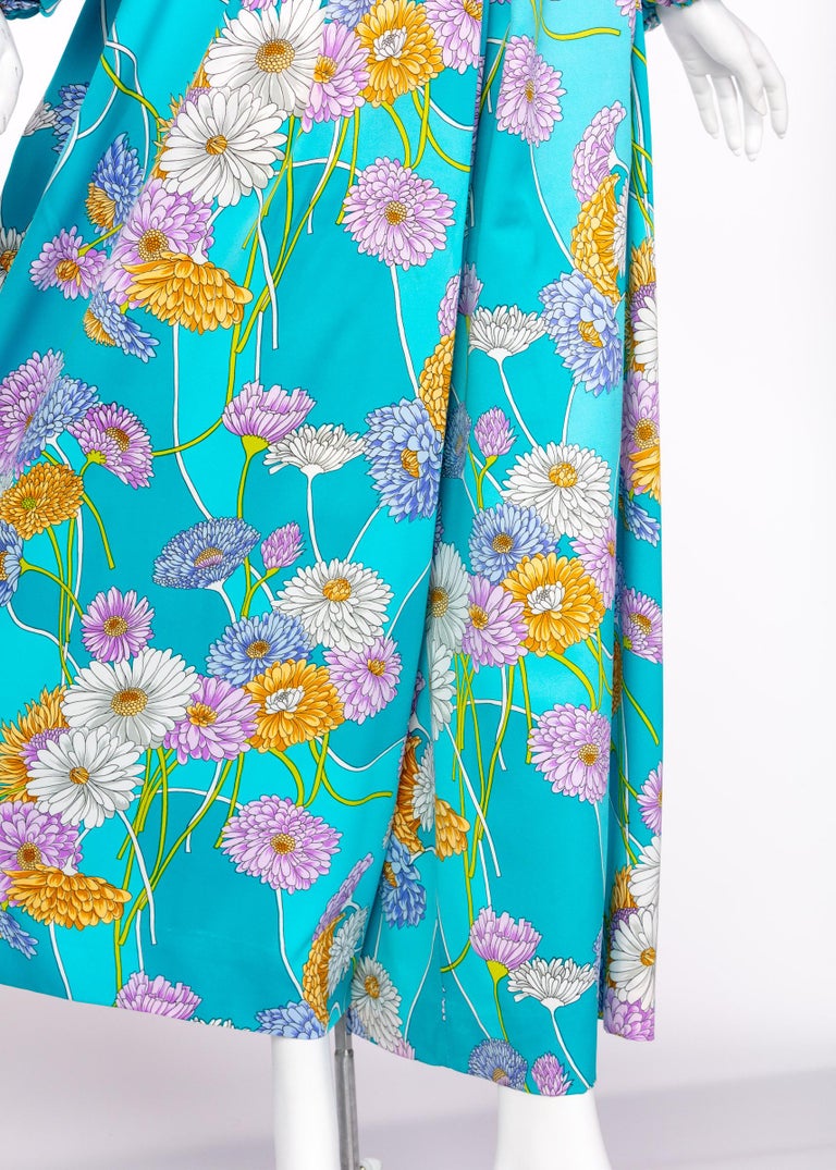 1970s Turquoise Floral Cropped Blouse Palazzo Pant Ensemble