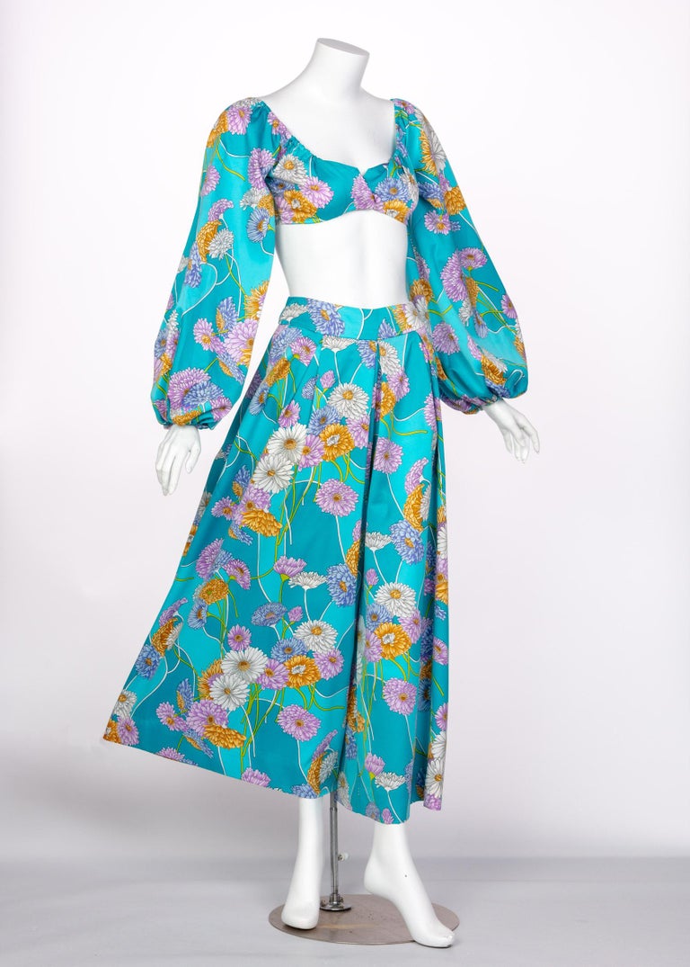 1970s Turquoise Floral Cropped Blouse Palazzo Pant Ensemble