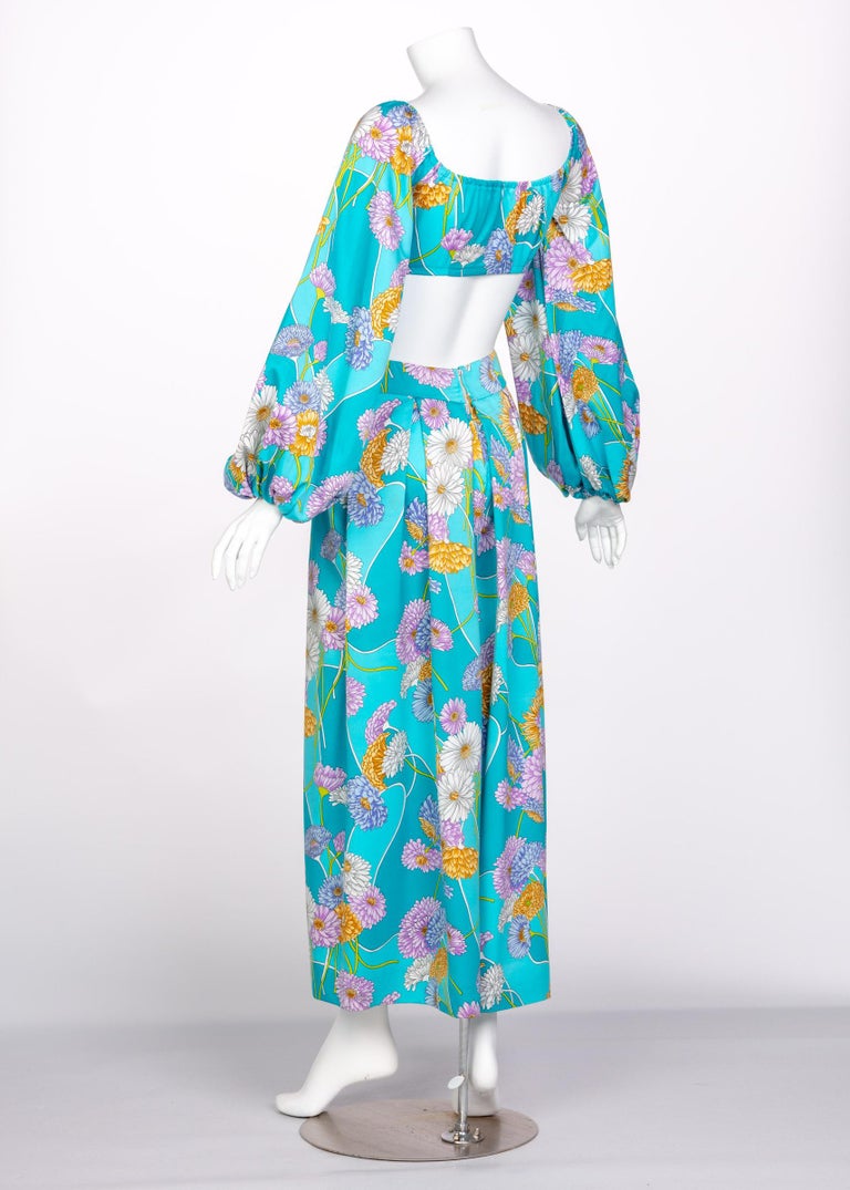 1970s Turquoise Floral Cropped Blouse Palazzo Pant Ensemble