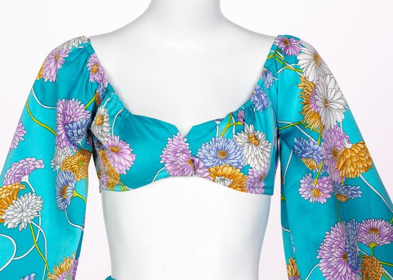 1970s Turquoise Floral Cropped Blouse Palazzo Pant Ensemble