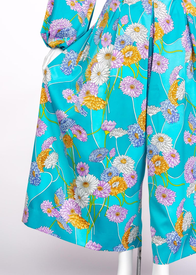 1970s Turquoise Floral Cropped Blouse Palazzo Pant Ensemble