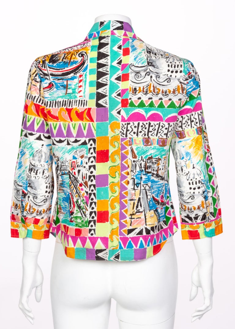 Prada Postcard Multicolored Print Cotton Blouse Top, Spring 2004