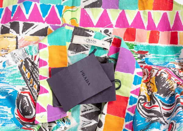 Prada Postcard Multicolored Print Cotton Blouse Top, Spring 2004