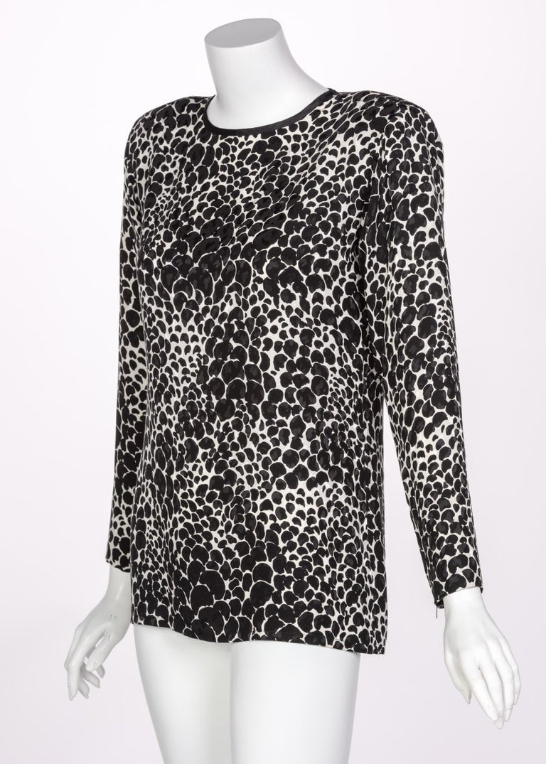 Yves Saint Laurent YSL Black White Silk Print Blouse Top, 1970s