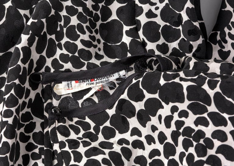 Yves Saint Laurent YSL Black White Silk Print Blouse Top, 1970s