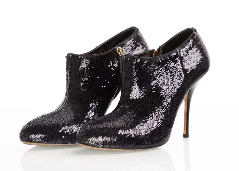 Gucci Black Sequin High Heels Ankle Booties Boots Size 37.5