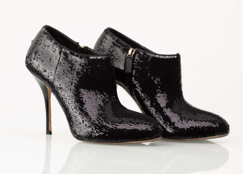 Gucci Black Sequin High Heels Ankle Booties Boots Size 37.5