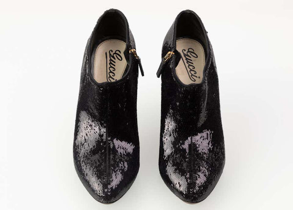 Gucci Black Sequin High Heels Ankle Booties Boots Size 37.5