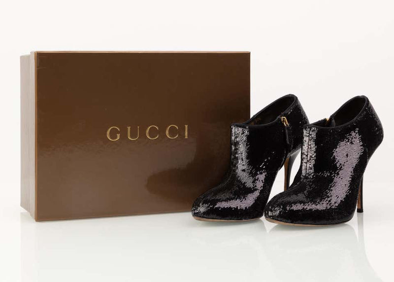Gucci Black Sequin High Heels Ankle Booties Boots Size 37.5
