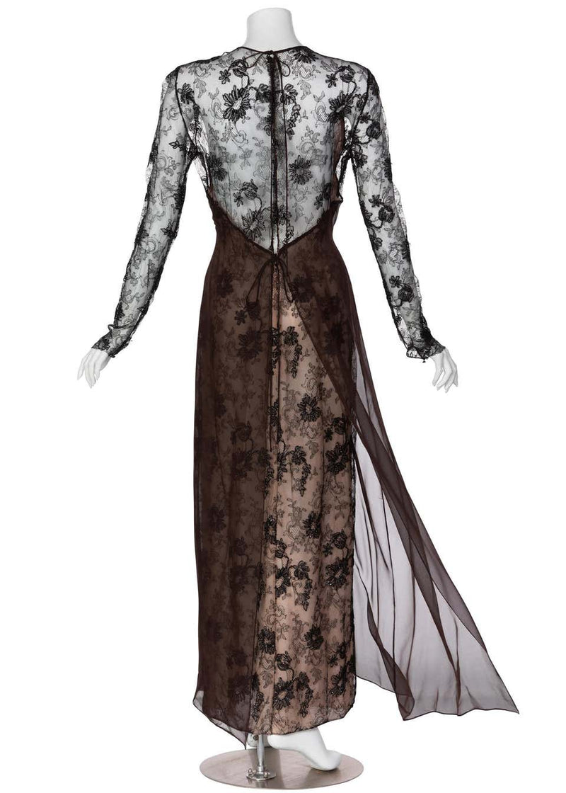 Carolina Herrera Black embroidered Lace Silk Silk Evening Dress, 1990s