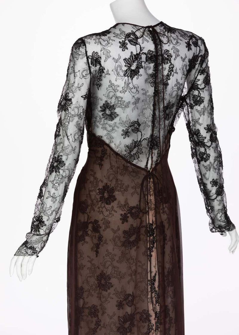 Carolina Herrera Black embroidered Lace Silk Silk Evening Dress, 1990s