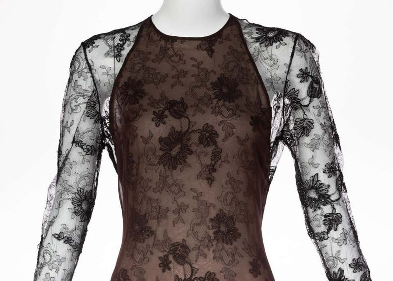 Carolina Herrera Black embroidered Lace Silk Silk Evening Dress, 1990s