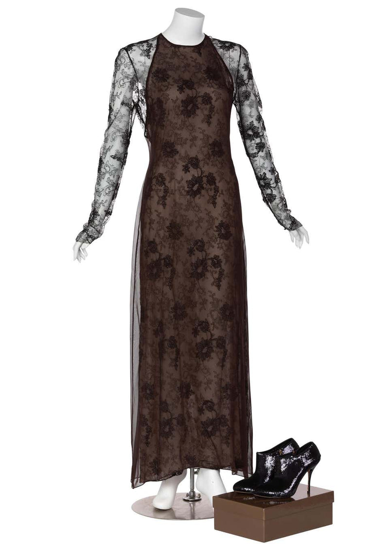 Carolina Herrera Black embroidered Lace Silk Silk Evening Dress, 1990s
