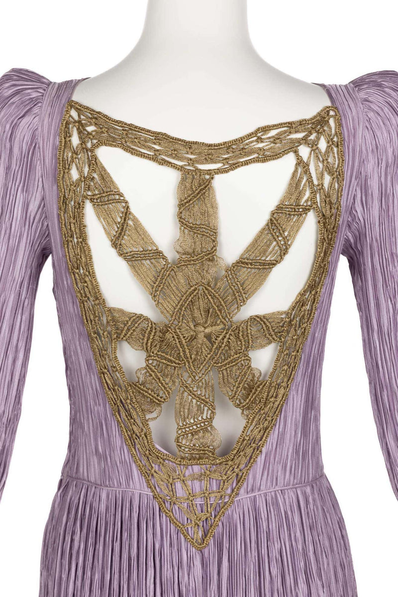 Vintage Mary McFadden Lavender Golden Macrame Cut Out Back Gown