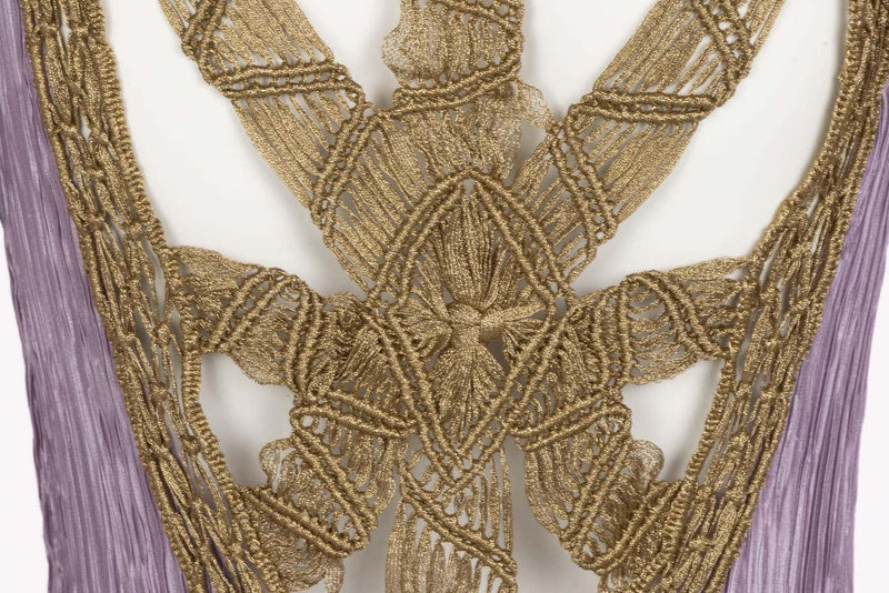 Vintage Mary McFadden Lavender Golden Macrame Cut Out Back Gown