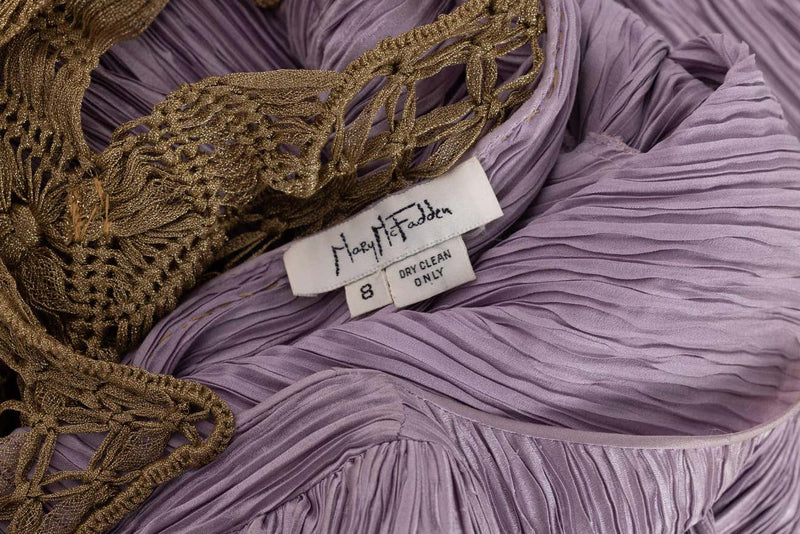 Vintage Mary McFadden Lavender Golden Macrame Cut Out Back Gown