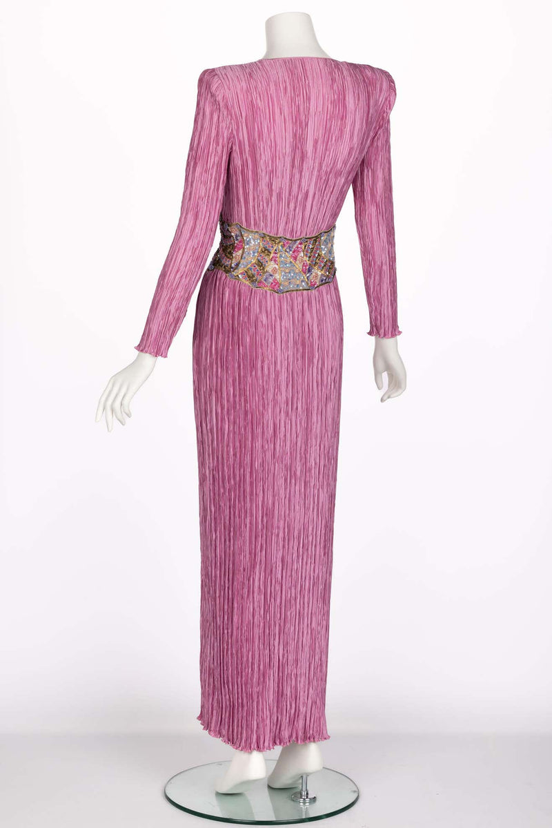 Vintage Mary Mcfadden Couture Pink Pleated Beaded Waist Maxi Column Dr Basha Gold