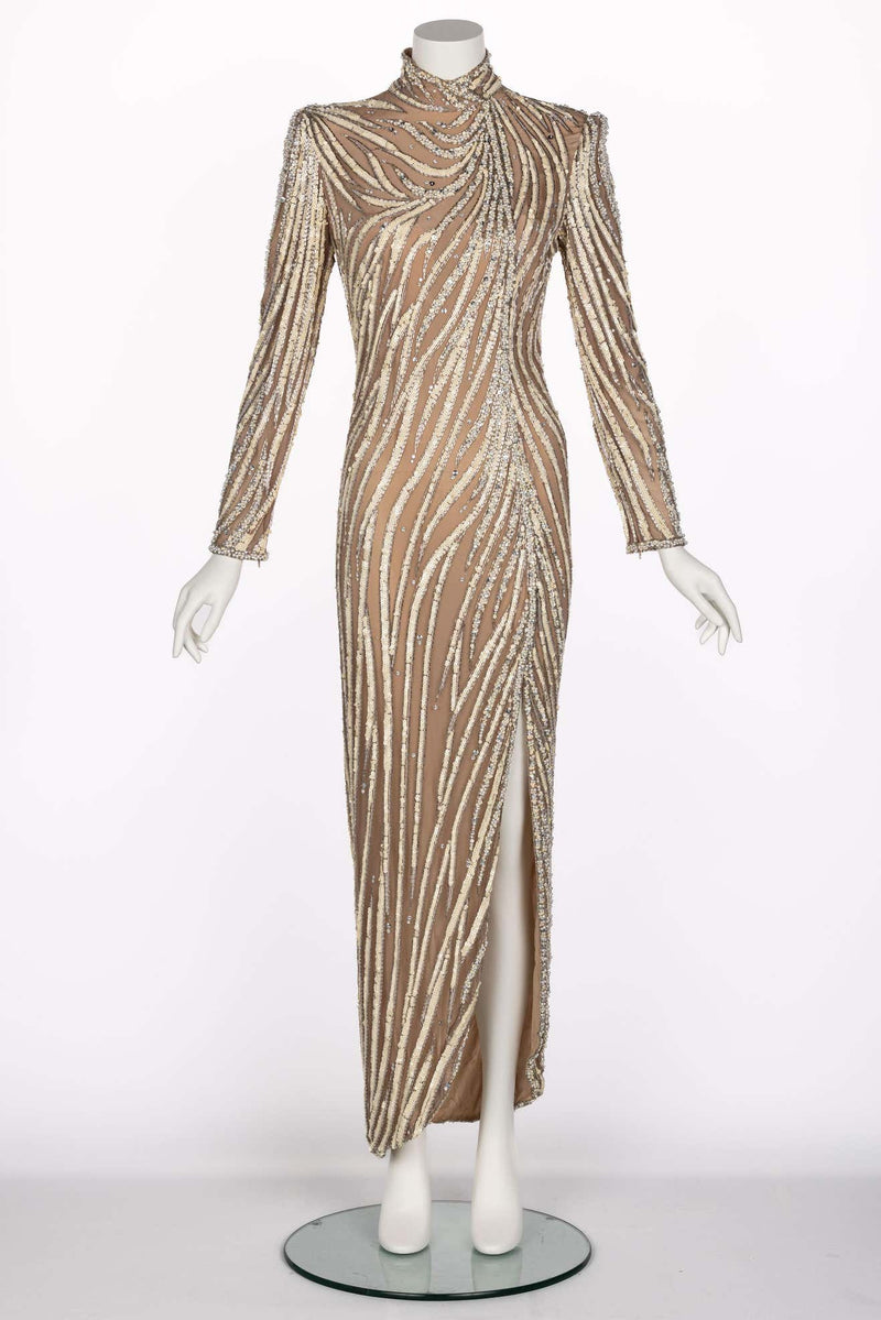 Bob Mackie Ivory Sequin, Pearls & Nude Stretch Net Thigh High Slit Dress, 1980s