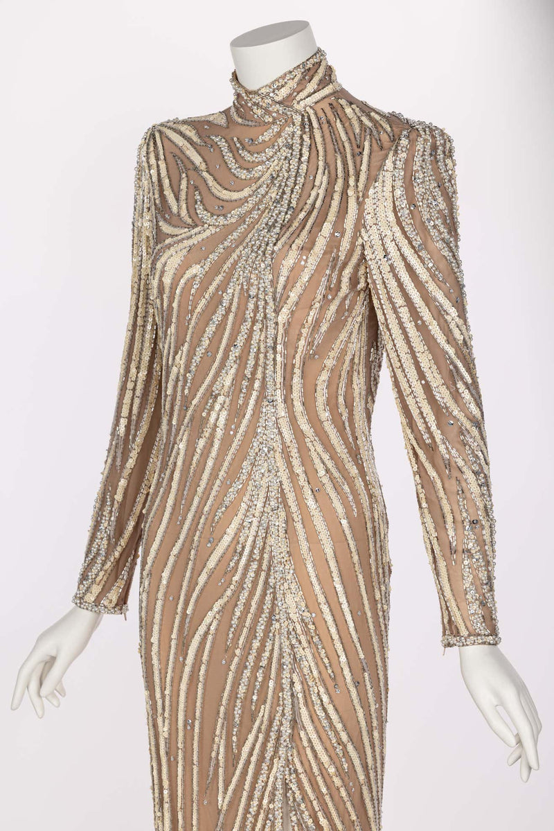 Bob Mackie Ivory Sequin, Pearls & Nude Stretch Net Thigh High Slit Dress, 1980s