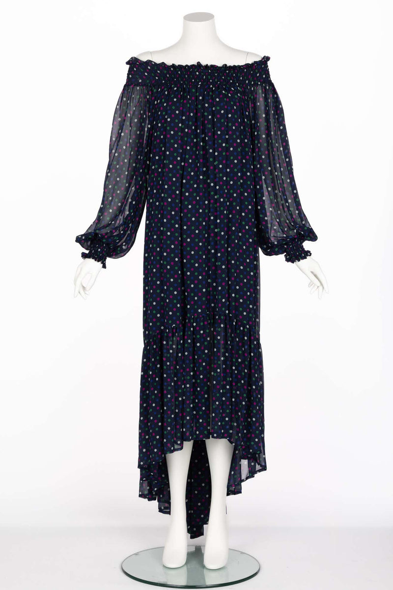 Vintage Saint Laurent Blue Polka Dot Off Shoulder Silk Dress YSL