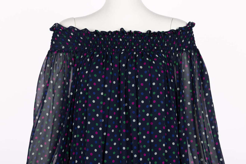 Vintage Saint Laurent Blue Polka Dot Off Shoulder Silk Dress YSL